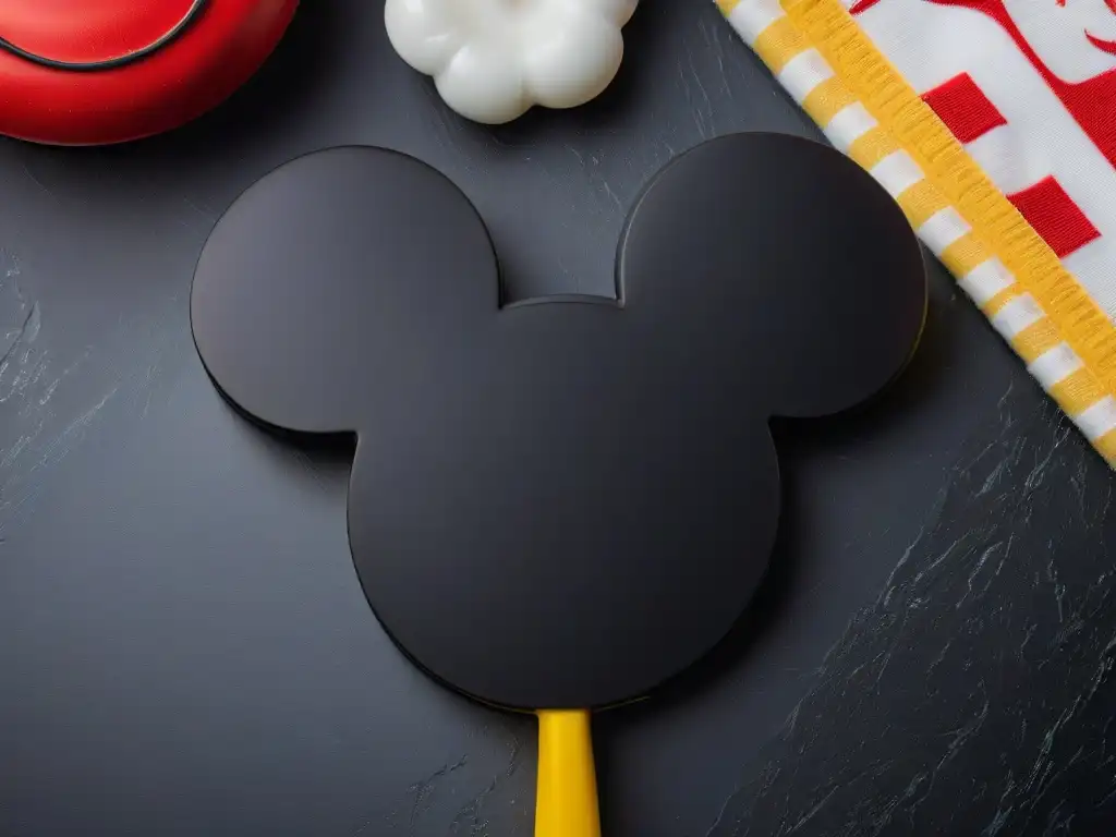 Spatula de Mickey Mouse: Elegancia Disney en tu cocina Utensilios de repostería Disney originales: Detalle de espátula Mickey Mouse sobre encimera de granito negro