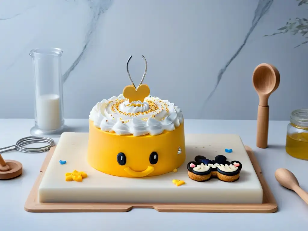 Set de repostería Disney elegante en mármol Utensilios de repostería Disney originales en elegante presentación sobre encimera de mármol