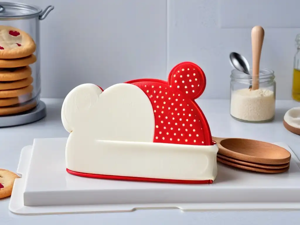 Mitt de Mickey Mouse rodeado de utensilios de cocina en mármol blanco Utensilios de repostería Mickey Mouse rodeados de accesorios de cocina en una encimera de mármol blanco