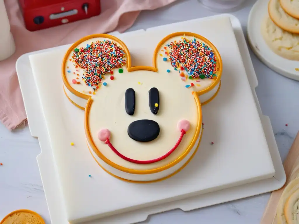 Cookie cutter de Mickey Mouse rodeado de coloridos adornos para hornear Utensilios de repostería Mickey Mouse rodeados de coloridas decoraciones y utensilios de repostería en una superficie de mármol blanco