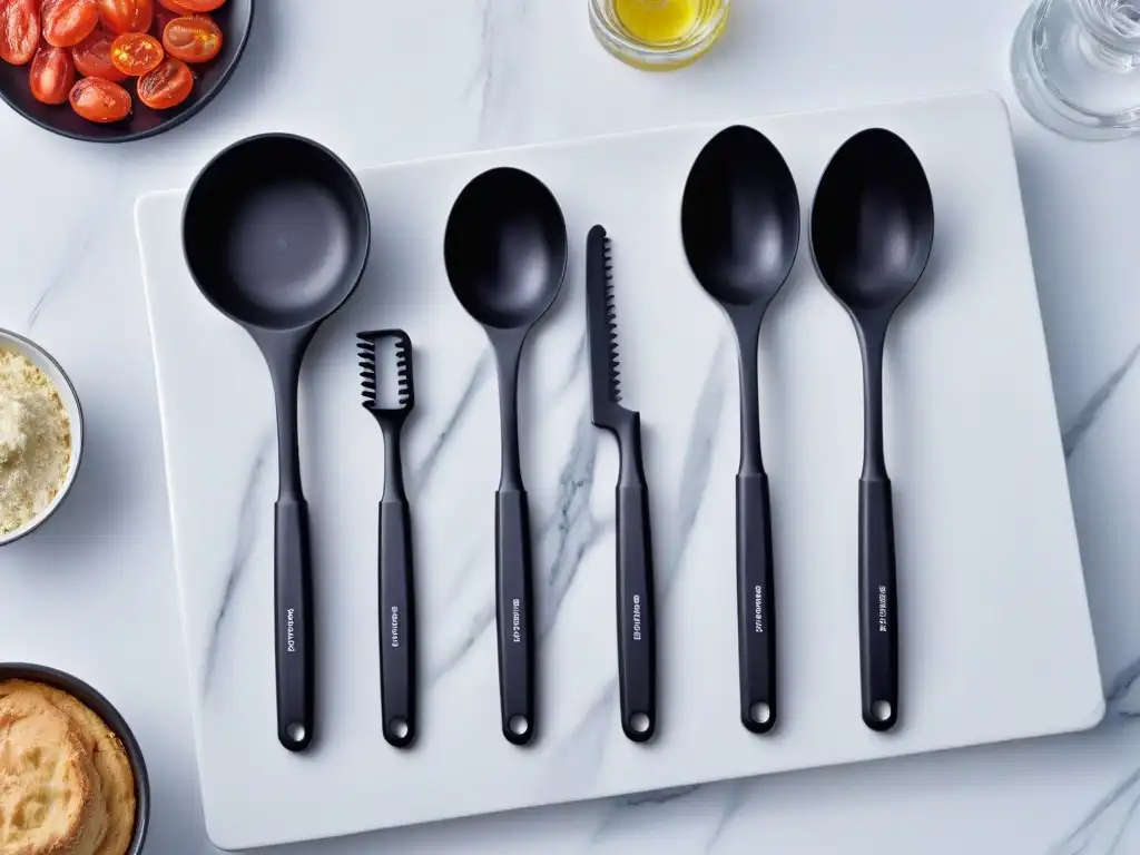 Utensilios Friends para repostería: Set negro de utensilios con citas y símbolos icónicos de Friends en mármol