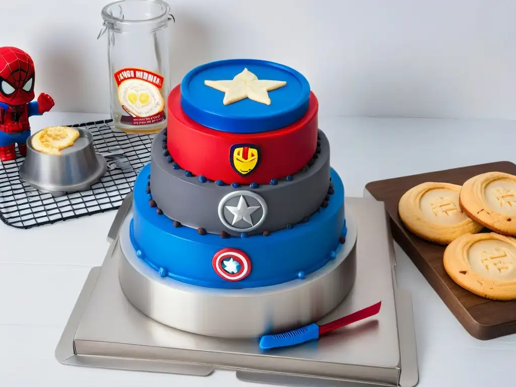 Utensilios de repostería de superhéroes Marvel en cocina minimalista Utensilios de repostería de superhéroes brillando en cocina minimalista