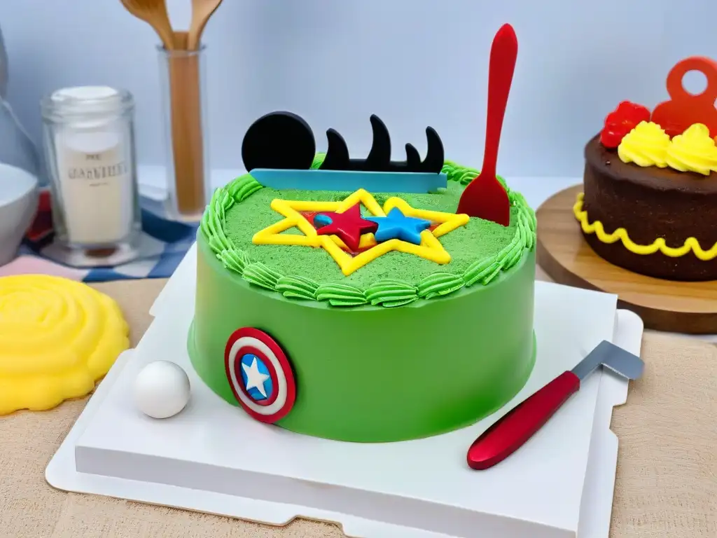 Utensilios de repostería de superhéroes Marvel: ¡cocina con poder! Utensilios de repostería de superhéroes en una cocina minimalista y vibrante, ¡inspiración Marvel para tus creaciones dulces!