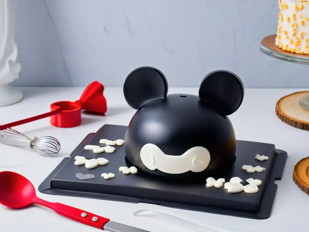 Set de repostería inspirado en Mickey Mouse: elegancia en blanco y negro Utensilios de repostería Mickey Mouse tendencias en blanco y negro sobre encimera de mármol