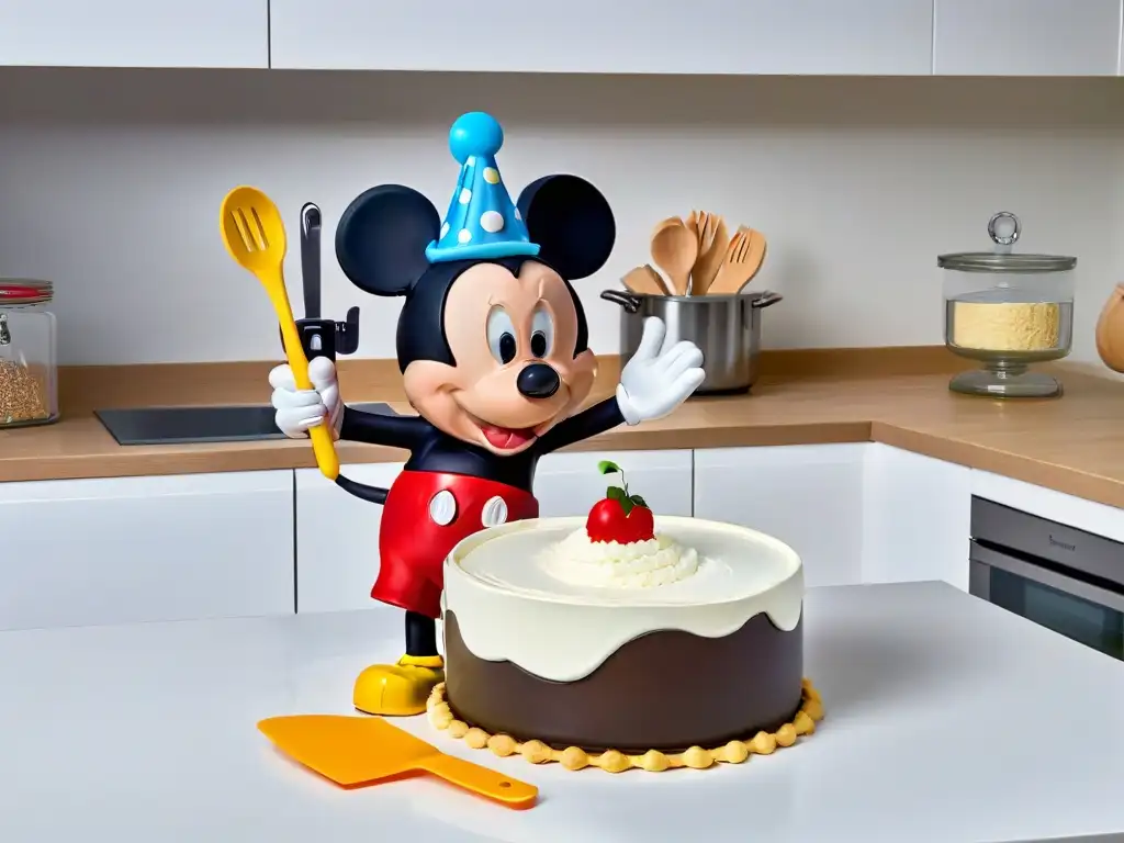 Icono Mickey Mouse horneando en cocina moderna y colorida Utensilios de repostería Mickey Mouse tendencias - Mickey Mouse mezcla masa en una cocina moderna y colorida