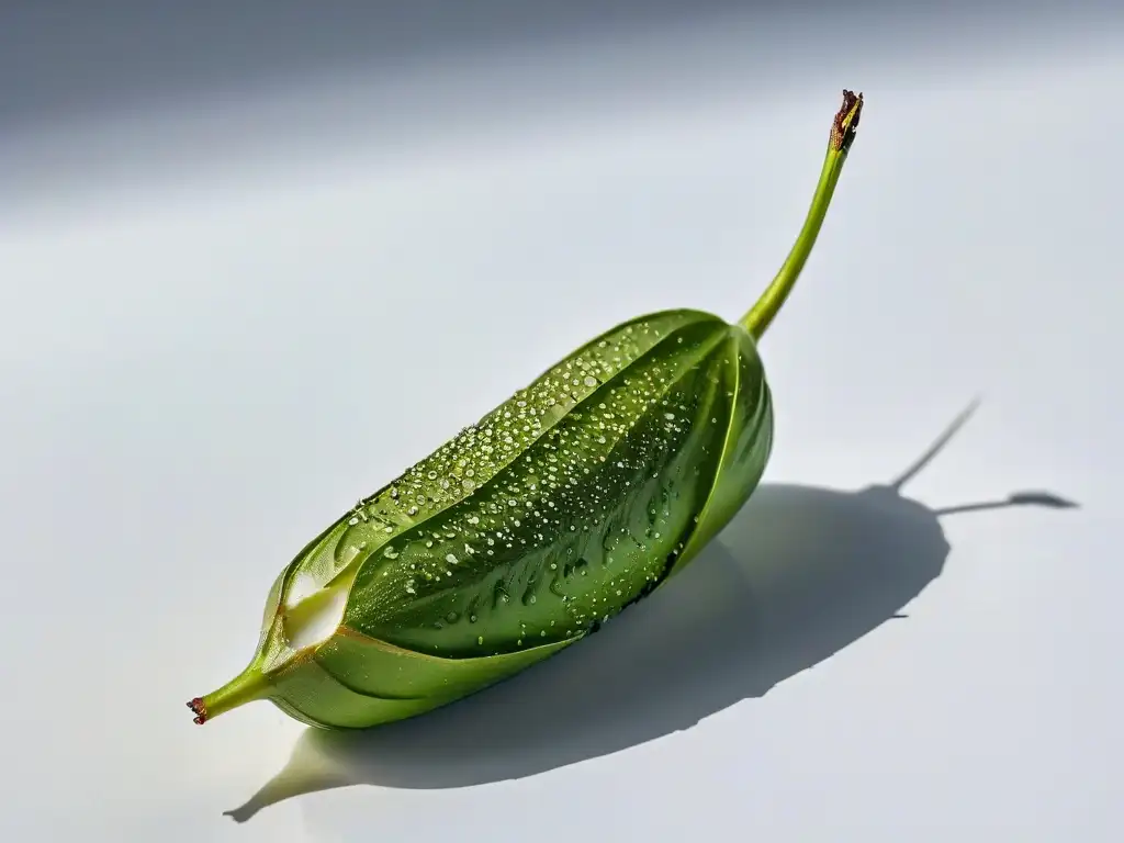 Vaina de vainilla abierta, semillas brillantes con luz natural