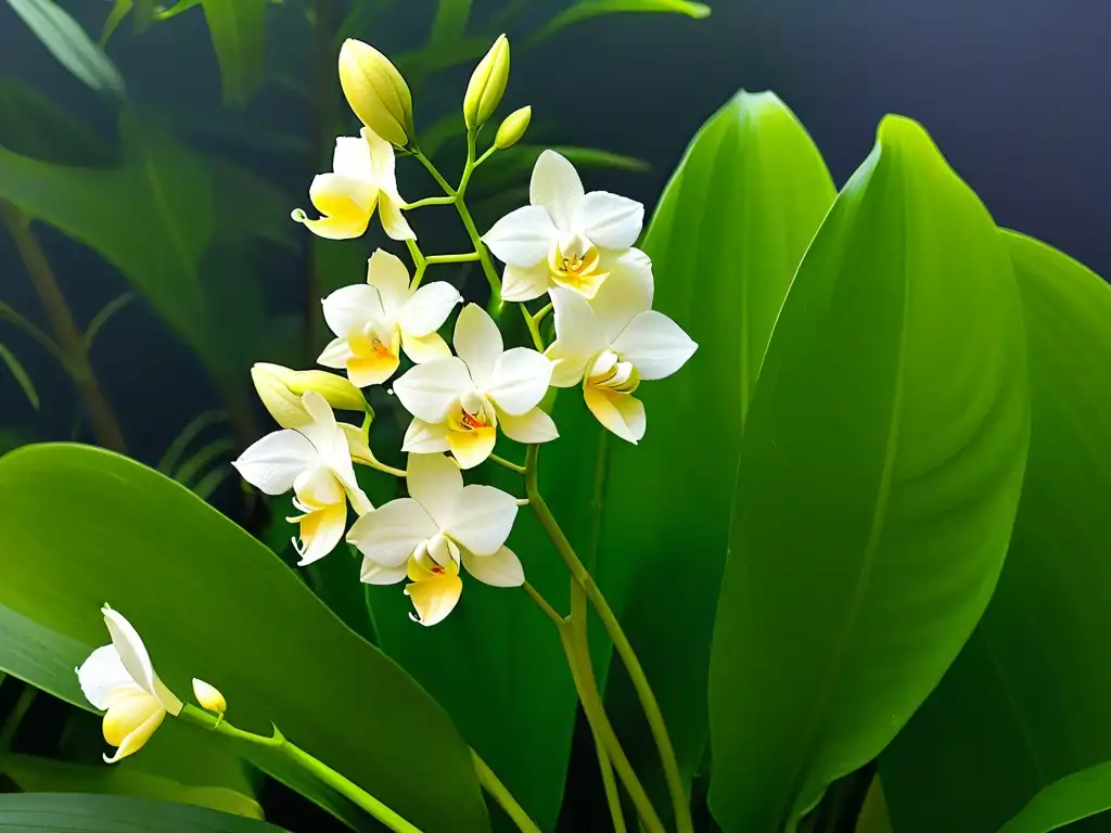 Producción de vainilla en comercio justo: Detalle en flor de vainilla blanca y hojas verdes vibrantes