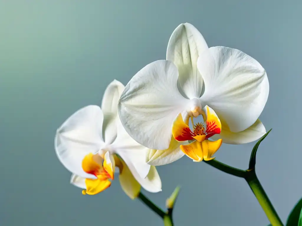 Producción de vainilla en comercio justo: Detalle de una orquídea de vainilla con sus pétalos blancos y estambres amarillos