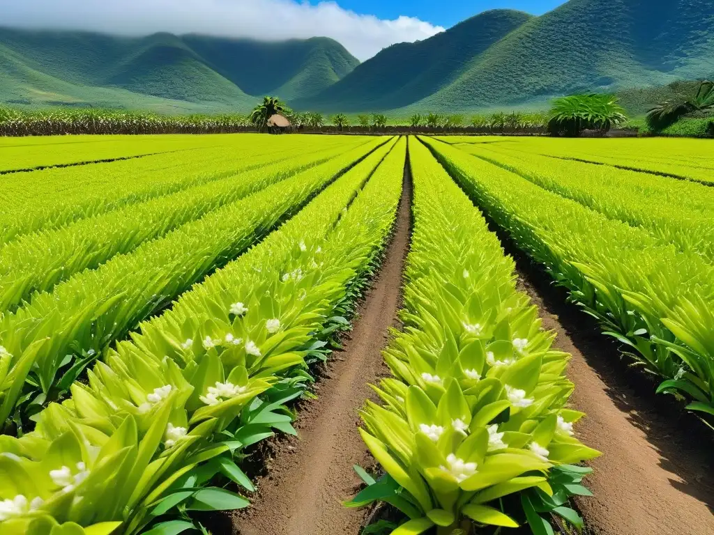 Plantación de vainilla en Madagascar con filas de orquídeas verdes y flores blancas bajo el sol brillante y cielo azul