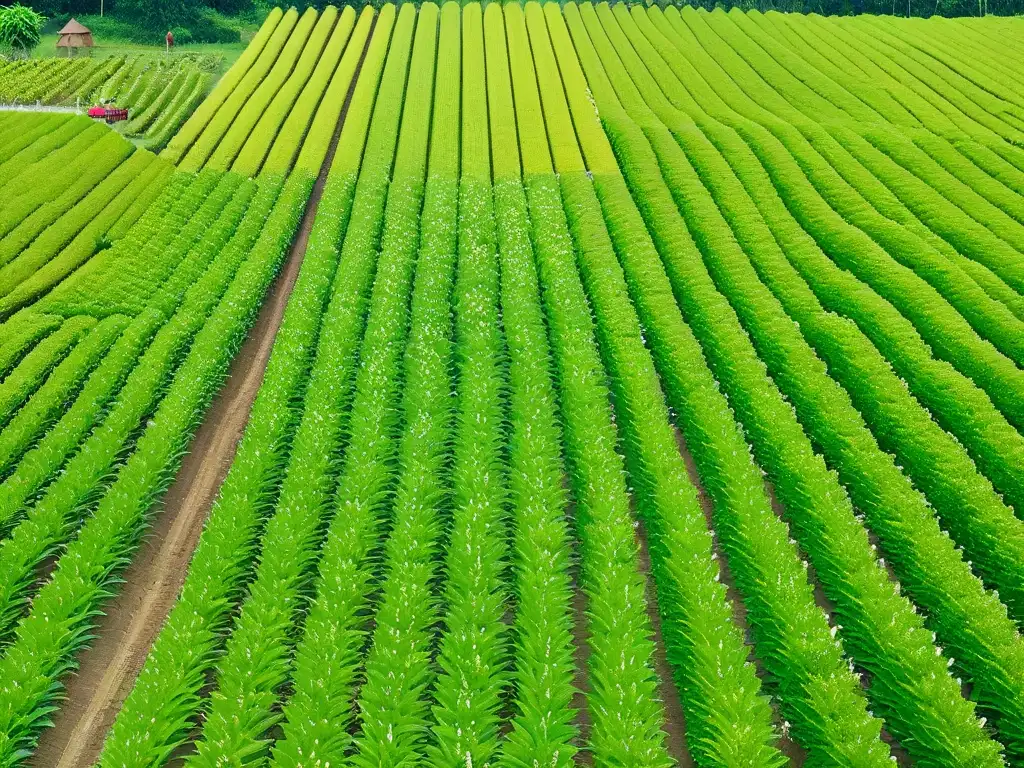 Plantación de vainilla verde exuberante, filas de orquídeas blancas y hojas verdes vibrantes