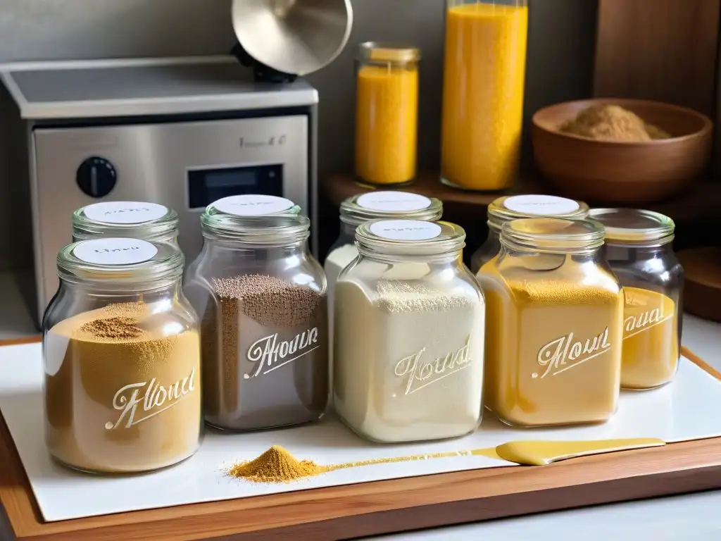 Variadas harinas alternativas para repostería saludable, presentadas en elegantes frascos de vidrio en una cocina moderna