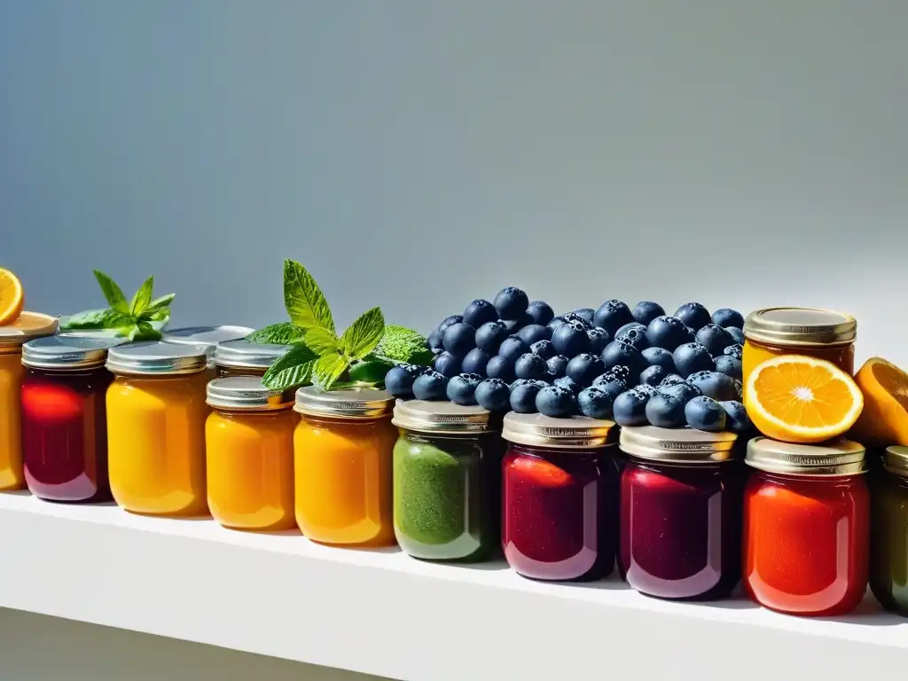 Conservas veganas: coloridas delicias caseras en frascos de vidrio Variedad de conservas veganas caseras con frutas y hierbas frescas en frascos de vidrio, destacando colores vibrantes