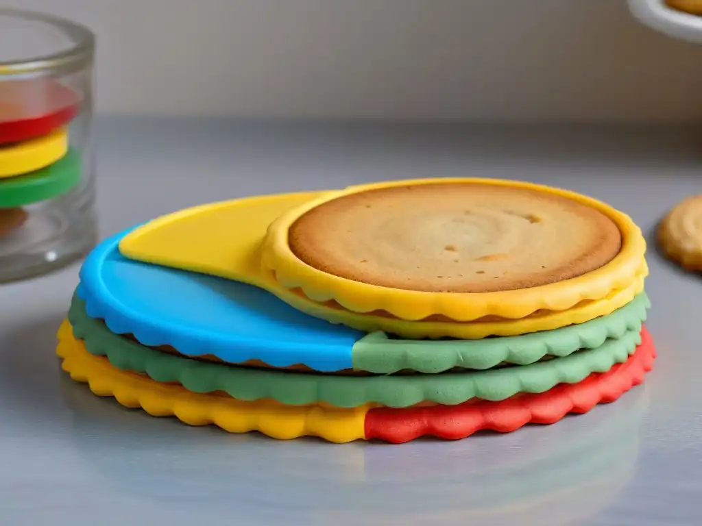 Variedad de cortadores de galletas creativos en una encimera moderna y minimalista, iluminados con colores vibrantes