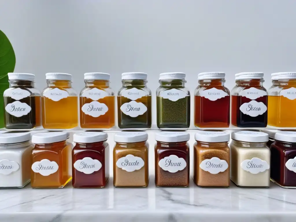 Selección dulce: variedad de endulzantes naturales en frascos de vidrio Variedad de endulzantes naturales para repostería en elegantes frascos de vidrio sobre encimera de mármol blanco