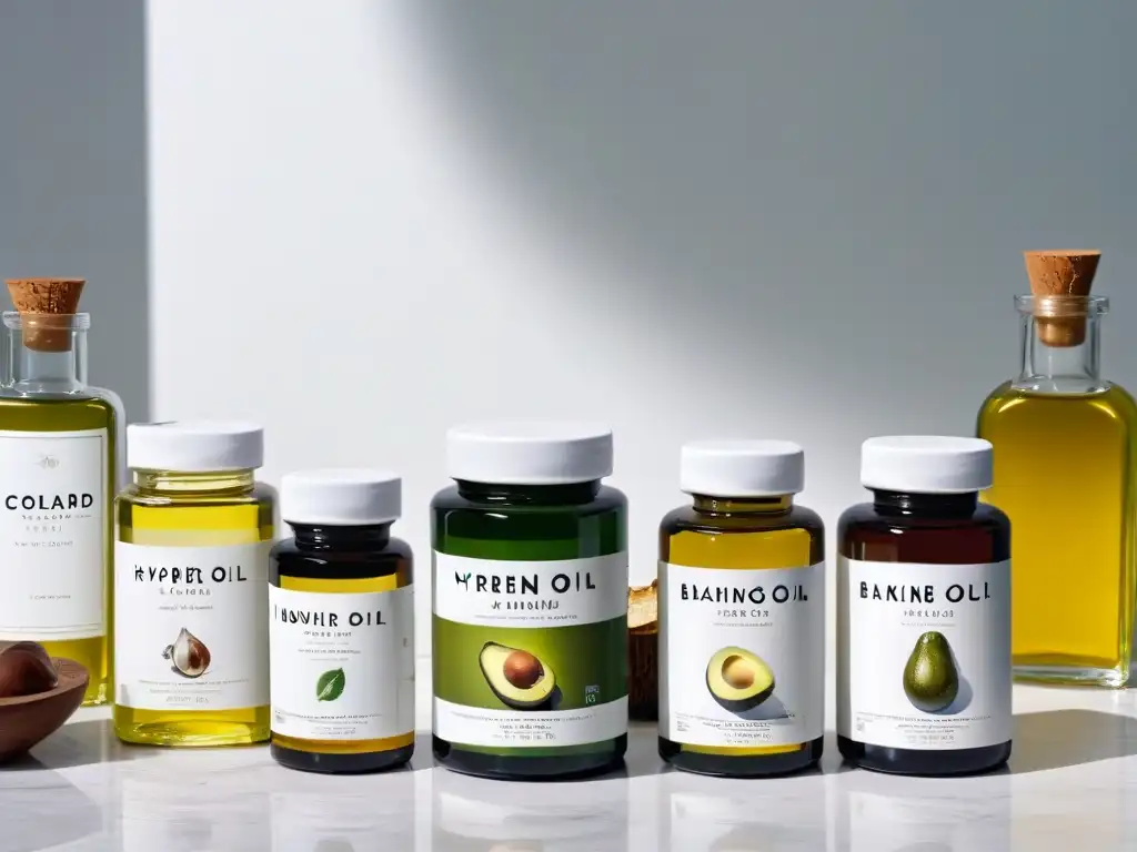 Variedad de grasas saludables para hornear en elegantes botellas de vidrio sobre encimera de mármol, iluminadas por luz natural