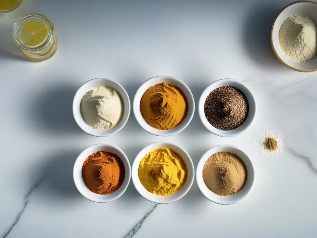 Variedad de harinas bajas en carbohidratos en mármol blanco Variedad de harinas bajas carbohidratos para repostería keto en elegante presentación sobre mármol blanco