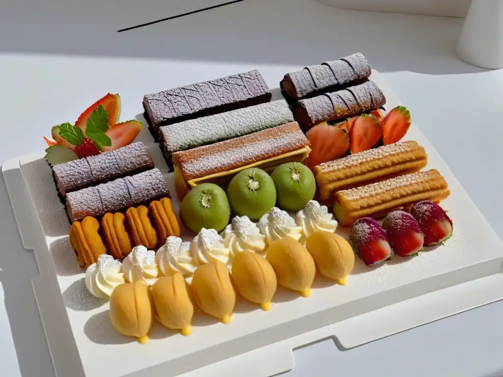 Una variedad de postres tradicionales de todo el mundo, detallados y coloridos en un plato blanco minimalista