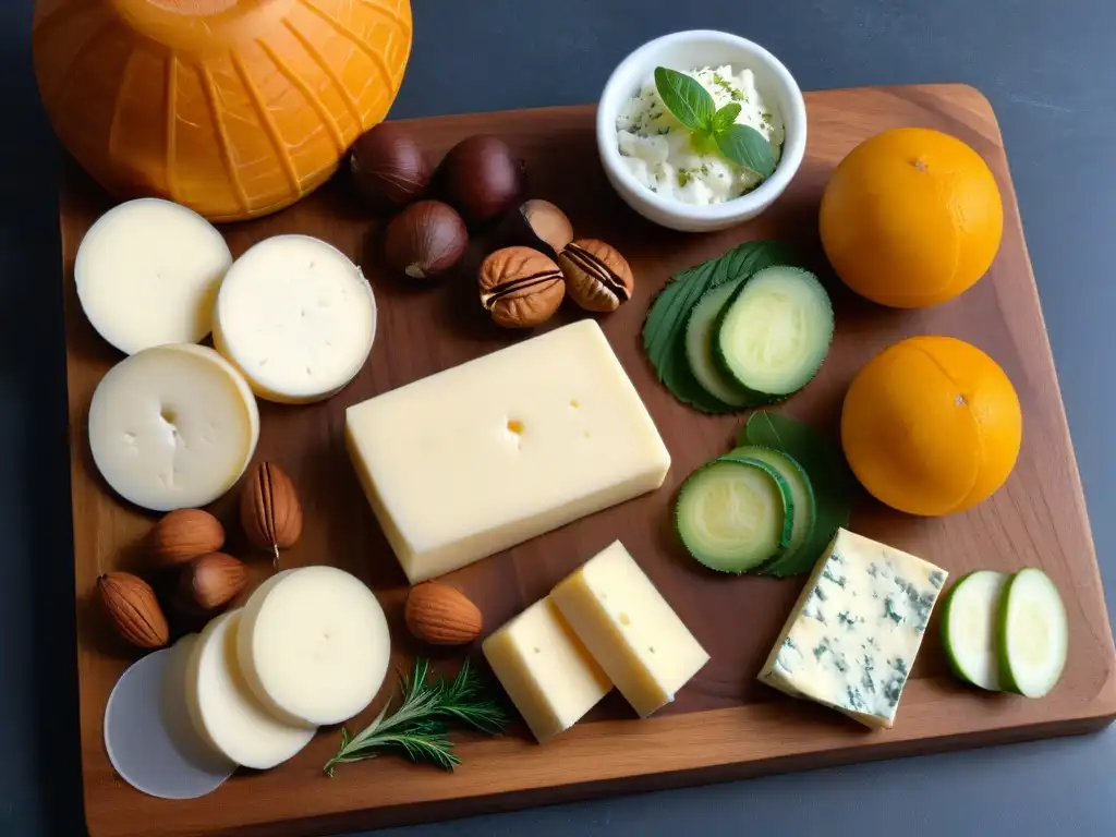 Selección gourmet: variedad de quesos sin lactosa en tabla de madera Una variedad de quesos sin lactosa en tabla de madera, destacando diversidad de opciones y elegancia