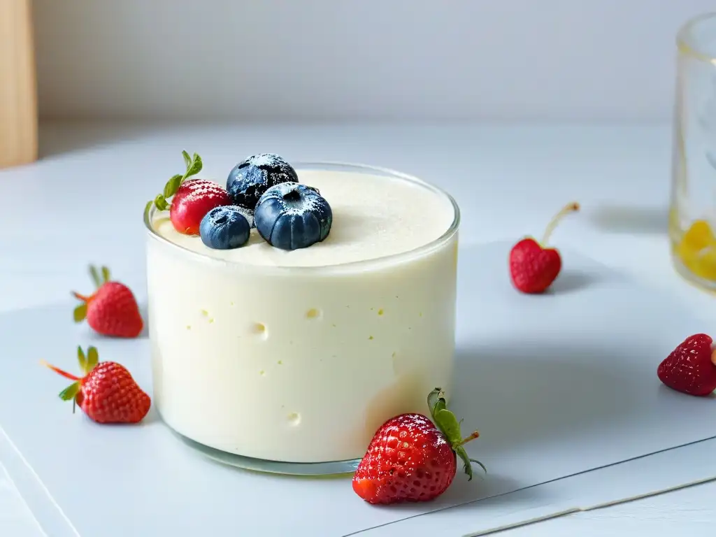 Un vaso de kéfir con bayas frescas en una cocina moderna, resaltando los beneficios para la digestión