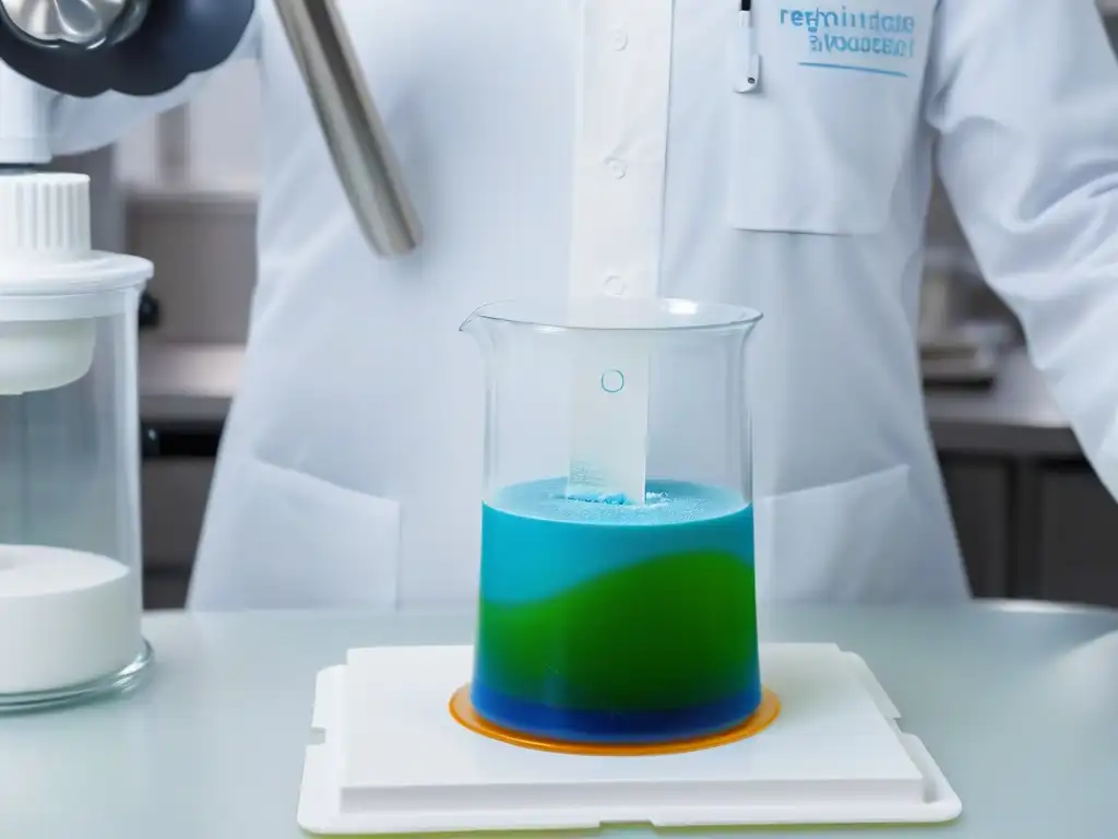 Un vaso de laboratorio moderno lleno de ingredientes coloridos para técnicas moleculares para mousses innovadoras