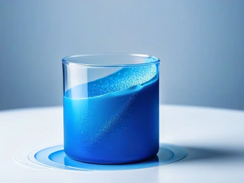 Un vaso de laboratorio moderno lleno de mousse azul eléctrico, ilustrando innovaciones en mousses y geles