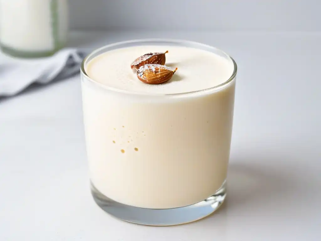 Un vaso de leche de almendra cremosa con burbujas, destacando la pureza de los sustitutos veganos de suero de leche