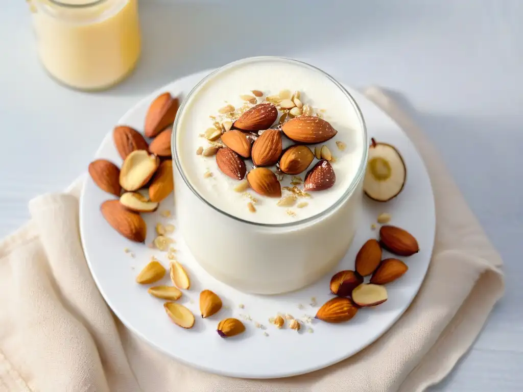 Vaso de leche vegetal rodeado de ingredientes naturales, simbolizando sustitutos veganos al suero de leche