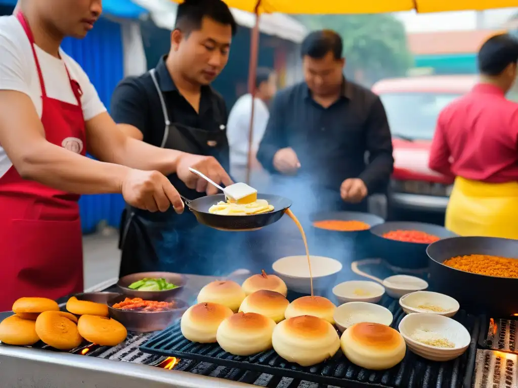 Maestría tailandesa: experto en Khanom Krok en acción Un vendedor tailandés vierte con destreza la masa de Khanom Krok en moldes redondos sobre una parrilla de carbón en un mercado bullicioso