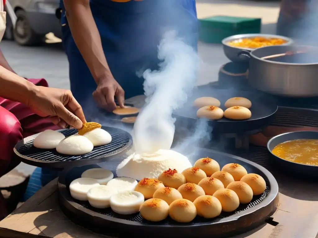 Momento de maestría culinaria: Elaboración de Khanom Krok tailandés Un vendedor tailandés experto preparando Khanom Krok en un ambiente rústico al aire libre