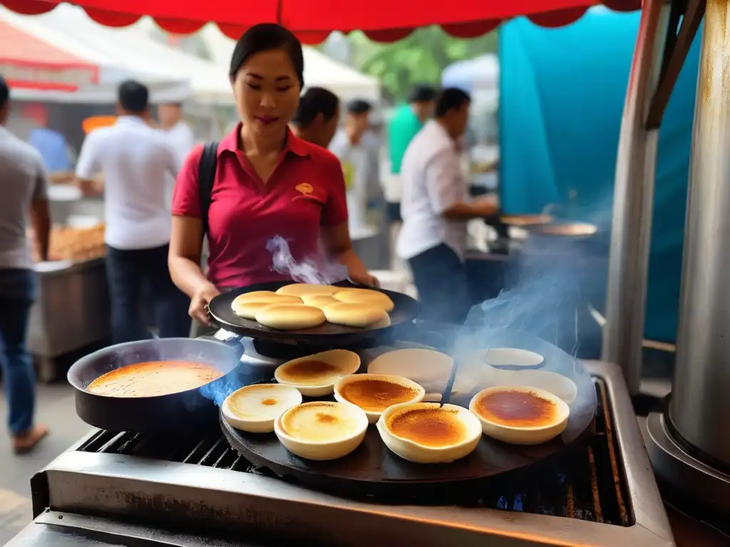 Maestro tailandés preparando Khanom Krok en las calles de Bangkok Un vendedor tailandés experto preparando Khanom Krok tailandés en una parrilla de carbón en un bullicioso puesto callejero de Bangkok