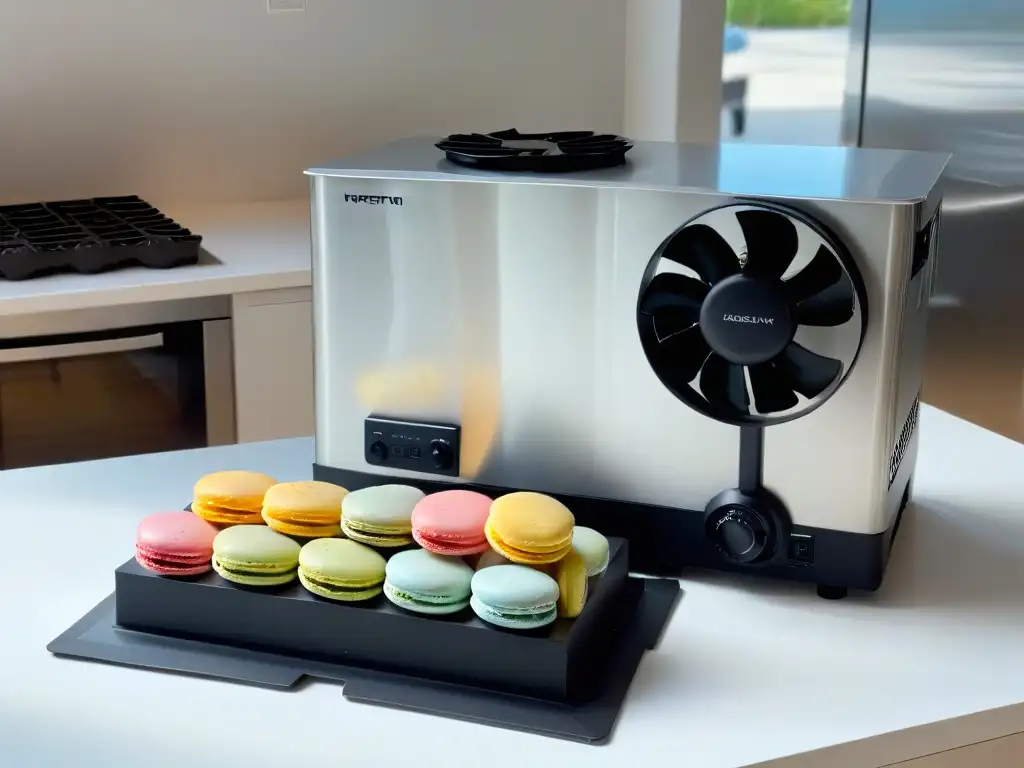 Un ventilador negro enfriando coloridos macarons en una elegante encimera de cocina