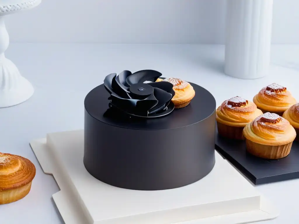 Ventiladores para enfriar repostería en cocina moderna con elegante ventilador en negro mate circulando aire alrededor de pasteles recién horneados