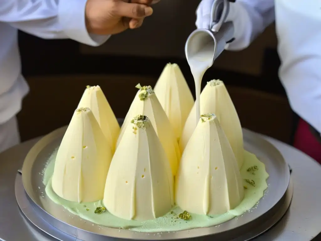 Vertido delicado de helado tradicional indio kulfi en moldes cónicos, resaltando su textura cremosa y detalles