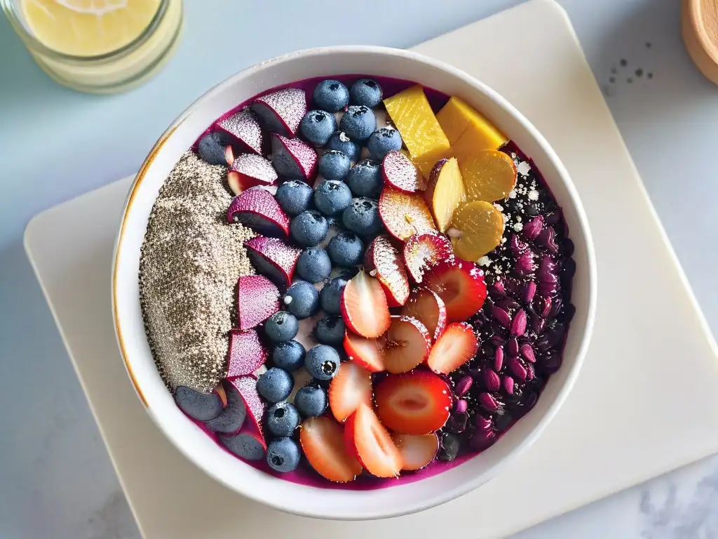 Vibrante acai bowl con arándanos, almendras, chía y miel sobre mármol