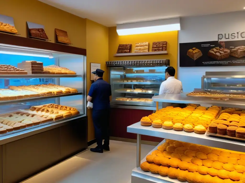 Un vibrante comercio justo de repostería con clientes felices y productores satisfechos, creando una atmósfera inclusiva y cálida