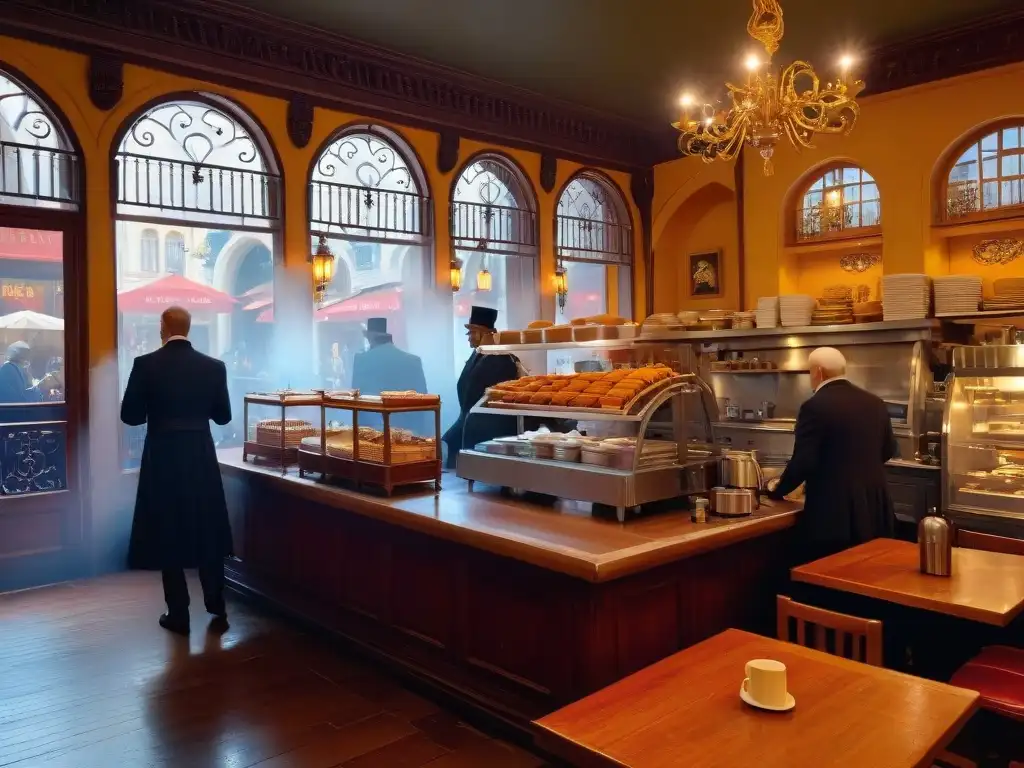 Vibrante café europeo del siglo XIX con mobiliario de madera y elegantes lámparas, clientes disfrutando de café y pastelería