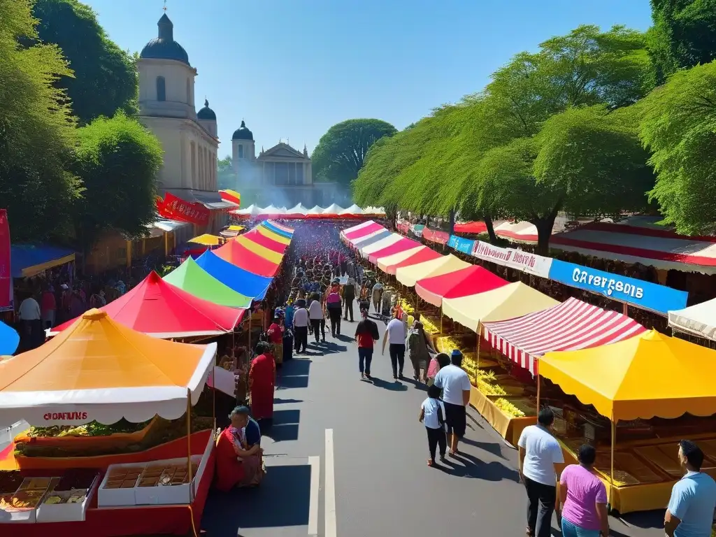 Un vibrante festival de crepes en un escenario al aire libre, con puestos coloridos y gente disfrutando