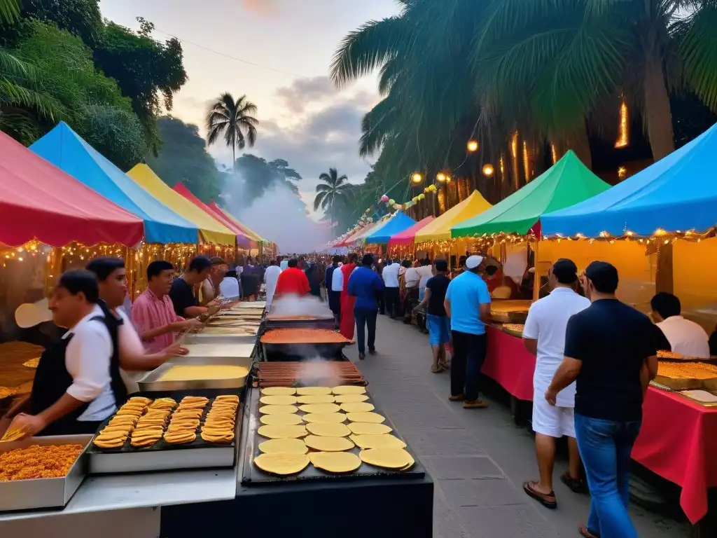 Un vibrante festival de crepes en América Latina, con puestos de comida coloridos y chefs expertos