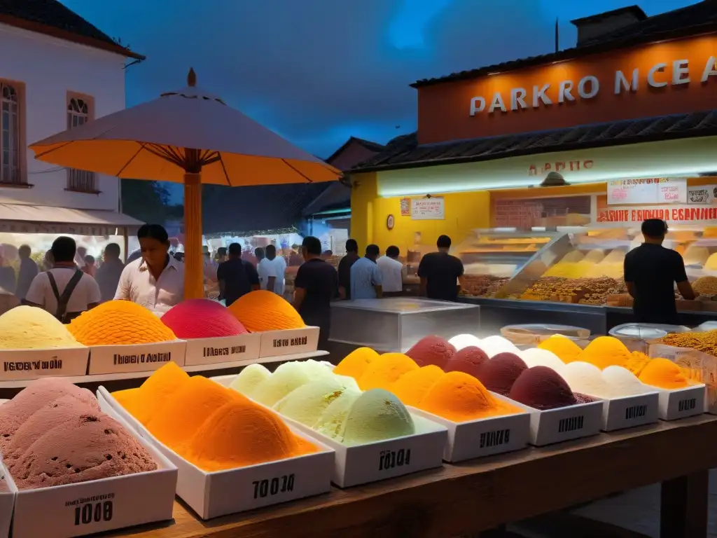 Vibrante mercado latinoamericano con sabores helados artesanales y colores únicos