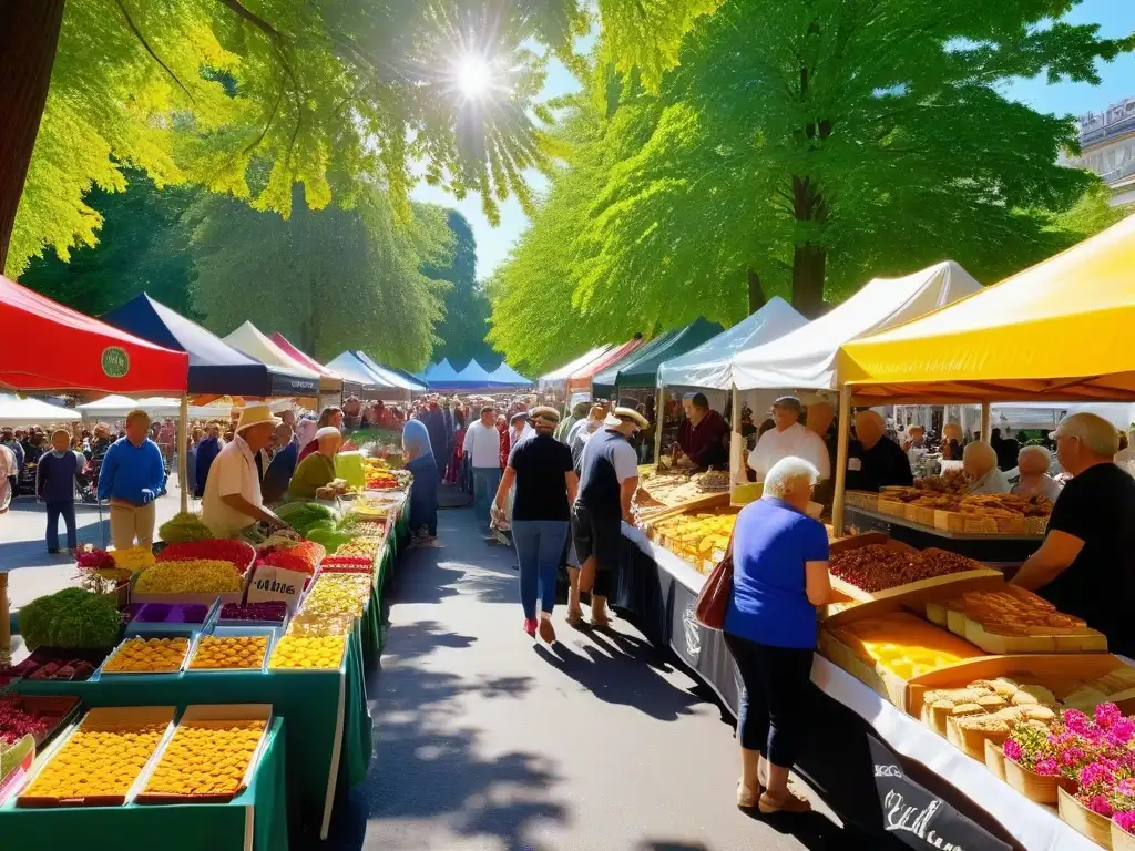 Un vibrante mercado agrícola con repostería sostenible y biodiversidad en cada detalle