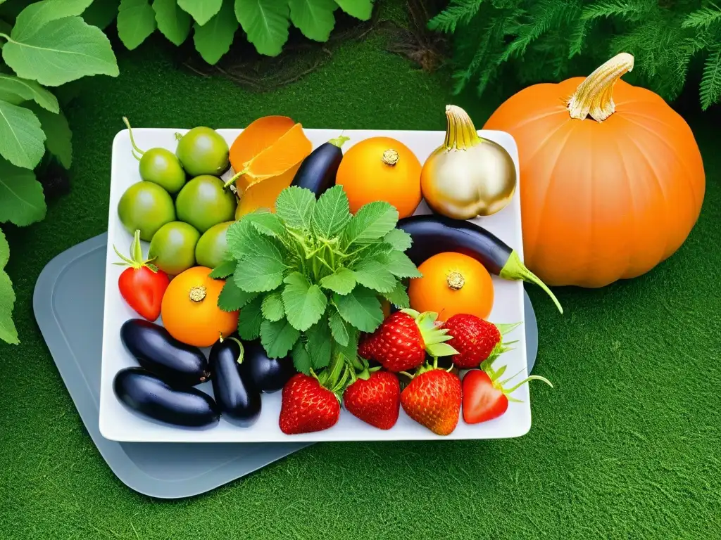 Un jardín vibrante rebosante de frutas y verduras coloridas, resaltando ingredientes locales para repostería