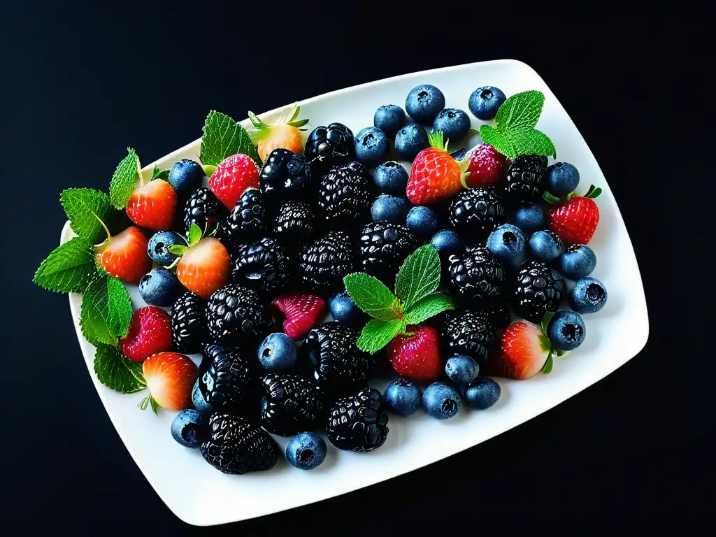 Vibrante surtido de frutas antioxidantes en postres sobre plato blanco, resaltando contra fondo negro mate