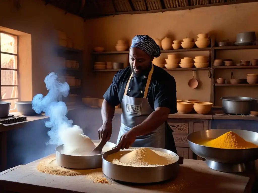 Un vibrante taller de repostería africana en plena actividad, con ingredientes y especias coloridas