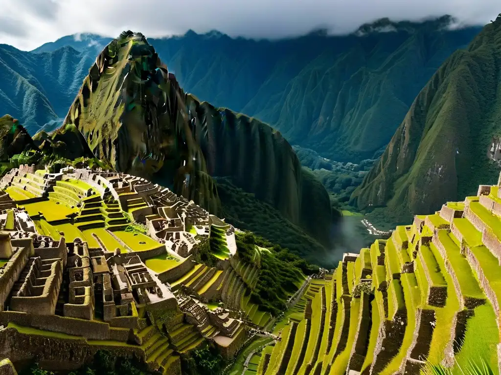 Vista aérea impresionante de Machu Picchu entre montañas verdes en Perú