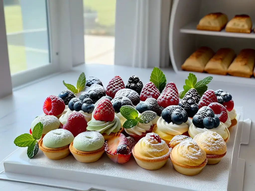 Vista de una cocina moderna con repostería keto para principiantes adornada con frutas y menta fresca