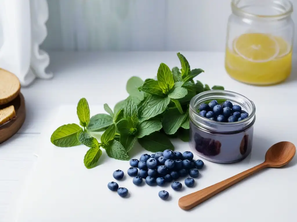 Encantadora cocina minimalista con stevia y arándanos frescos Vista detallada de cocina minimalista con endulzante natural para diabéticos seguros