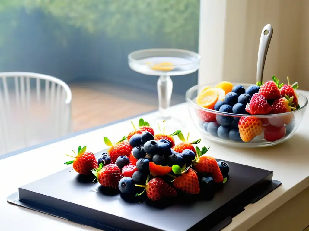 Vista detallada de una cocina moderna con frutas frescas y utensilios de repostería