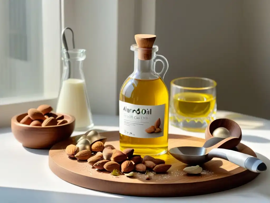Vista detallada de una cocina moderna con ingredientes de repostería y aceite de almendras