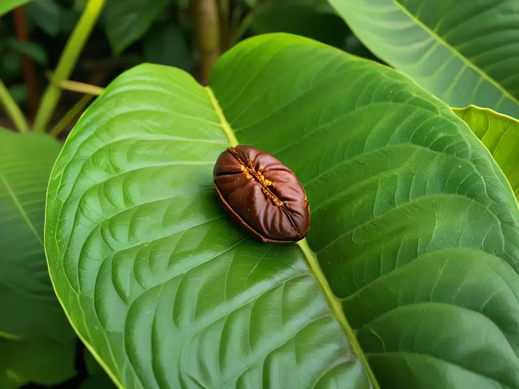 Vista detallada de un grano de cacao rodeado de hojas verdes en una plantación sostenible