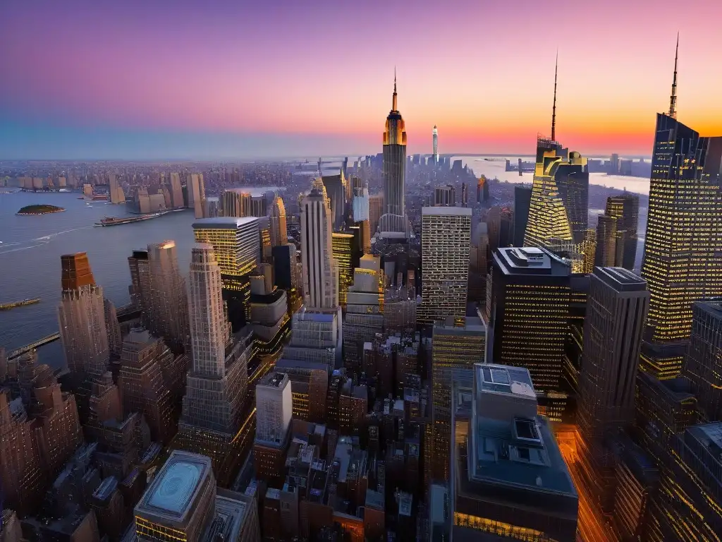 Vista detallada de los icónicos rascacielos de Nueva York al atardecer, iluminados por una luz dorada, reflejando la energía de la ciudad